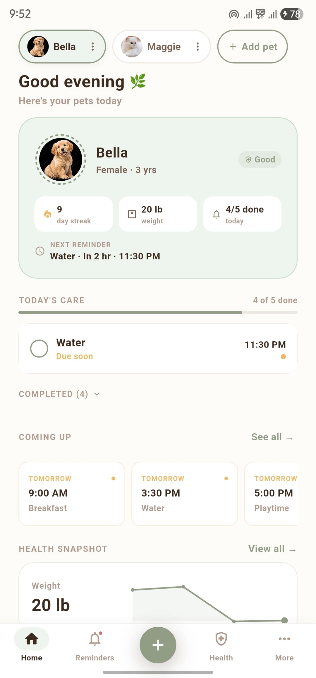Setiora app home screen showing pet profile and care reminders